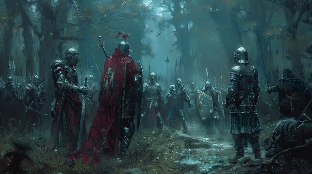 Rival knights facing off in a dark forest, medieval honor, skillful combat, historical conflict
