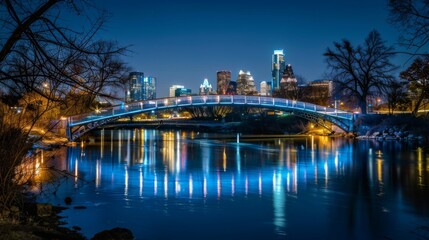 A beautifully illuminated bridge spanning a calm river at night, with the city skyline reflecting on the water.