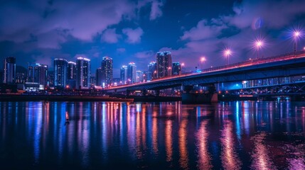 A beautifully illuminated bridge spanning a calm river at night, with the city skyline reflecting on the water.