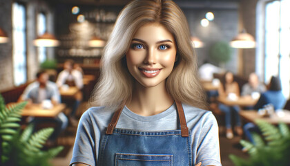 Close-up of a woman wearing an apron in a quaint cafe. She has a joyful expression on her face, with the cafe in the background. This image is perfect for marketing a cafe.
