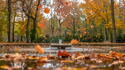 Fountain with leafy surround in park with tree backdrop