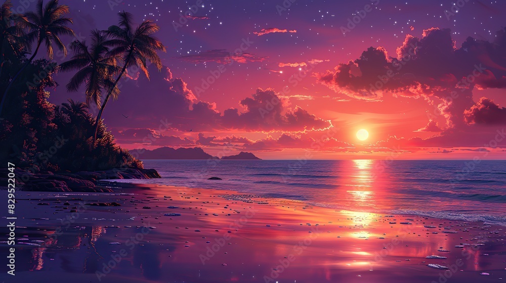 Wall mural A vibrant illustration of a tranquil beach with a radiant sunset.