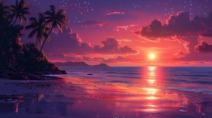 A vibrant illustration of a tranquil beach with a radiant sunset.