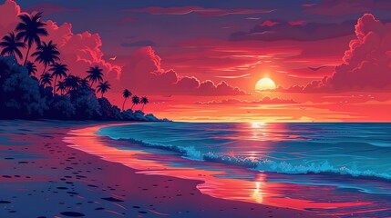 A vibrant illustration of a tranquil beach with a radiant sunset.