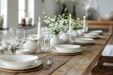 Modern wooden table setting in minimalist Scandinavian style, catering for birthdays, weddings, celebrations. Generated by artificial intelligence