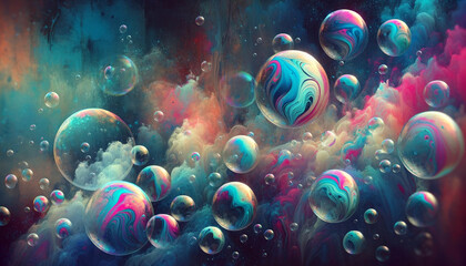 Lots of soap bubbles reflecting bright colors floating on a dark abstract watercolor background. Translucent bubbles with swirling patterns in blue, pink and green create a dreamlike effect.