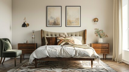 A bedroom with a mix of modern and vintage elements, including a sleek bedframe, antique nightstands, and eclectic decor.