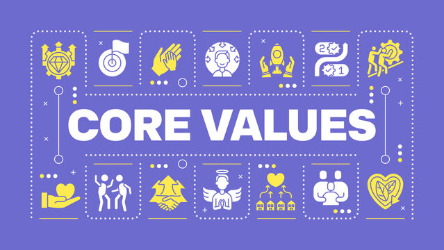 Core values purple word concept. Company principles. Social responsibility. Business ethics. Visual communication. Vector art with lettering text, editable glyph icons. Hubot Sans font used