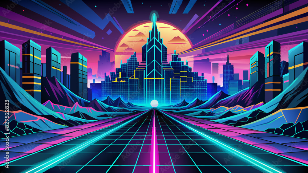 Poster abstract tech neon blue background with holographic effect, introduction future technology workflow