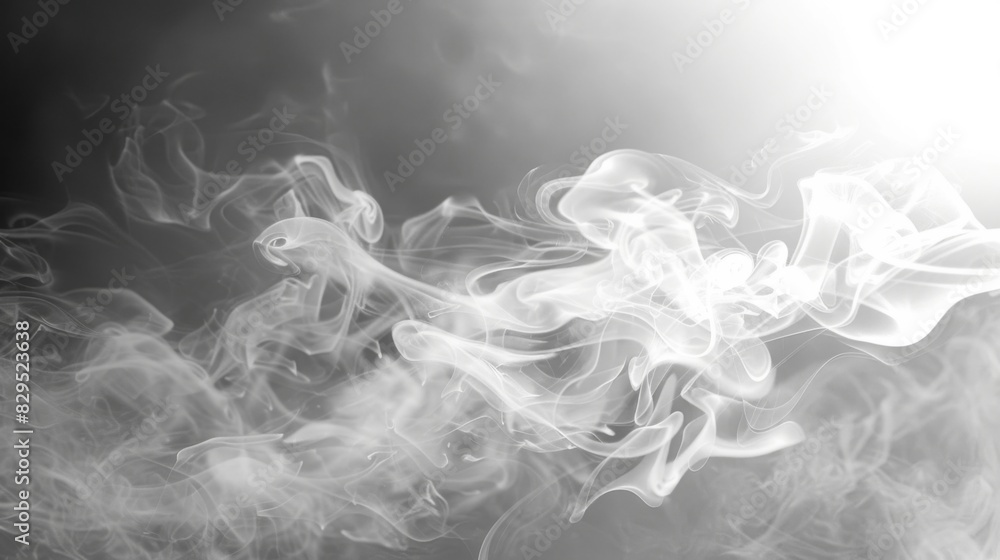 Poster A black-and-white photo of cigarette smoke creating artistic patterns, with a soft light highlighting the smoke's movement.
