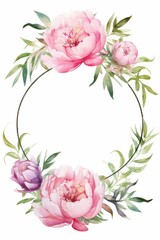 peony themed frame or border for photos and text. watercolor illustration, Perfect for nursery art, simple clipart, single object, white color background. for design card, postcard, textile, flyer.