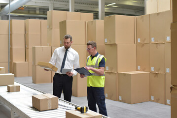 Worker in a warehouse in the logistics sector processing packages on the assembly line  - transport and processing of orders in trade