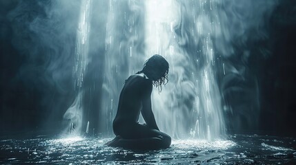 Obraz premium An image of a person kneeling in prayer with light shining down.