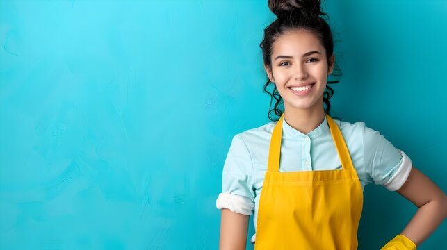 Cheerful Young Housekeeper in Uniform Smiling on Colorful Background