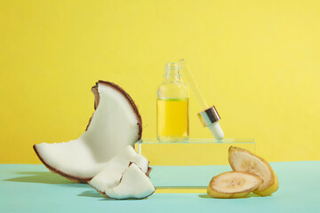 In the center of photo frame, a blank label serum bottle contains yellow essence displayed on a rectangular pedestal with some fresh banana and coconut decorated around against yellow background