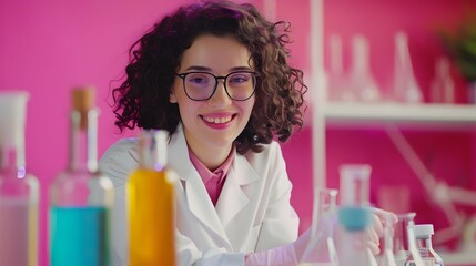 Cheerful Young Medical Lab Technician Working in Vibrant Colorful Setting