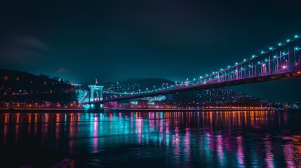 Fototapeta premium A breathtaking night shot of a bridge over a river, with colorful city lights reflecting on the water and a clear, dark sky.