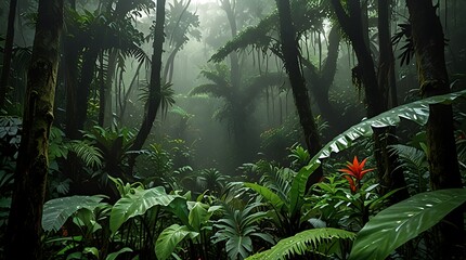  rainforest. The tall trees are covered in vines and other plants - Powered by Adobe