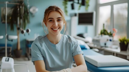 Cheerful Young Professional Healthcare Assistant Working At Desk In Office