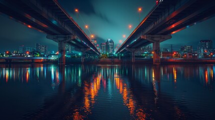 Fototapeta premium A breathtaking night shot of a bridge over a river, with colorful city lights reflecting on the water and a clear, dark sky.