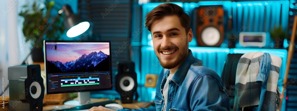 Poster cheerful young video editor happily working on colorful computer setup