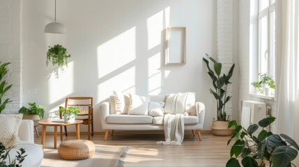 A bright and airy minimalist living room with white walls, simple furniture, and a few potted plants for a touch of greenery.