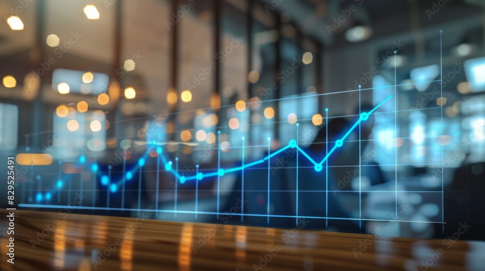 Poster a business graph showing a significant upward trend, with a blurred office setting in the background