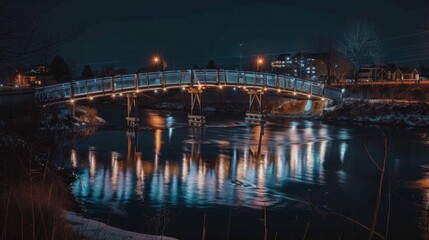 A brightly lit pedestrian bridge over a river, with soft light creating a warm glow on the water at night.