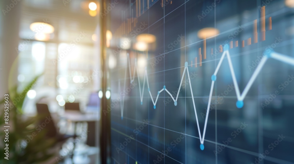 Poster a business graph showing a significant upward trend, with a blurred office setting in the background