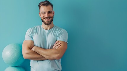 Confident and Energetic Personal Trainer Smiling in Front of Vibrant Color Background