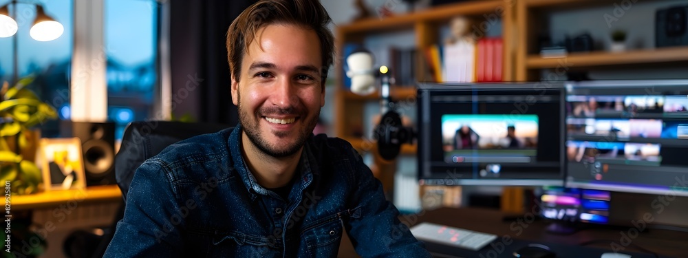 Poster confident video editor working on computer in home studio
