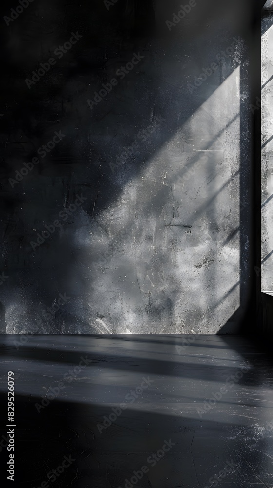 Poster 3d render of black empty room and light from the window