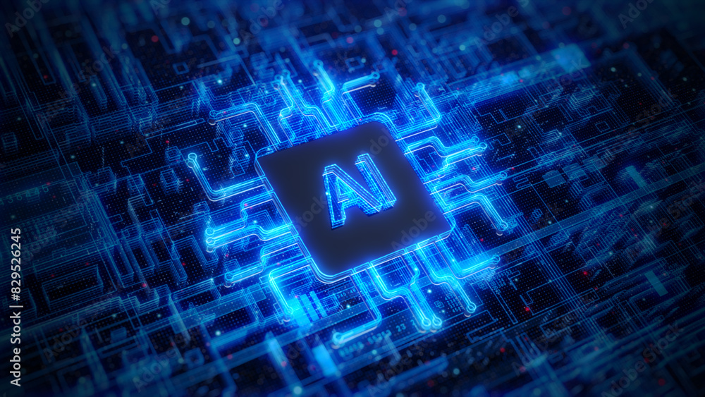 Poster ai technology on a circuit board with blue neon lights, digital circuit board with glowing neon ai s