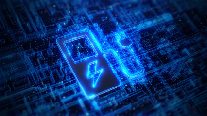 Battery charging icon on circuit board background, Energy battery storage future, Battery to electric cars and mobile devices with clean electricity, Technology battery high power. 3d Rendering
