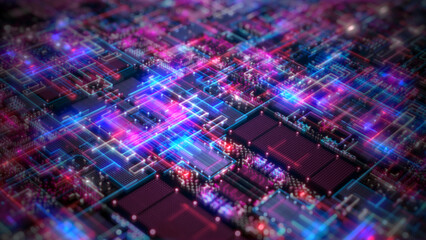 Futuristic neon circuit board technology, Close-up of circuit board with vivid pink and blue lights, Advanced technology digital data network and data transmission. 3d rendering