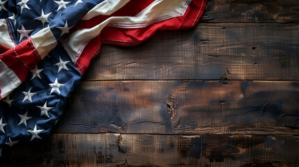 Gently folded American flag on a rustic wooden surface, evoking a sense of pride and solemnity for Memorial Day, copy space