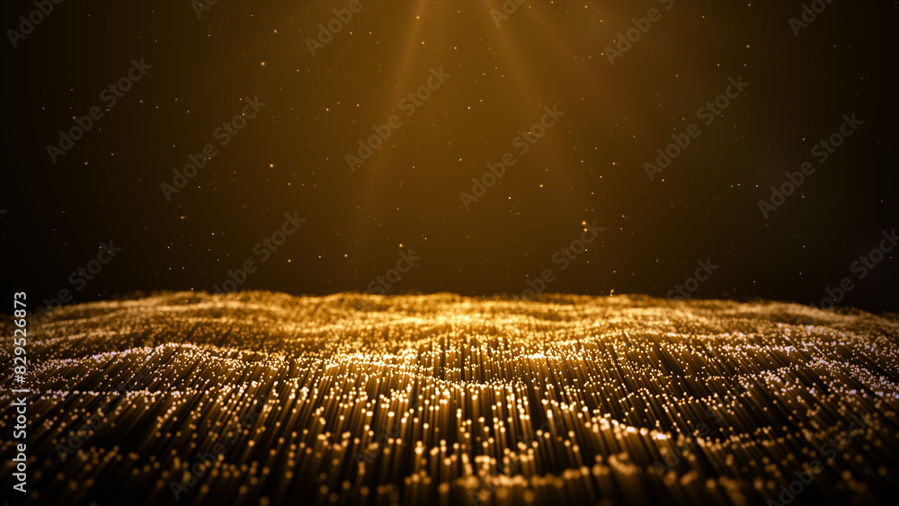 Poster digital cyberspace, gold sparkling particles wave flow abstract luxurious background, 3d rendering
