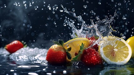 Vibrant slices of lemon and strawberries in mid-air with water splash isolated on white background