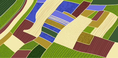 Farm field, agriculture pattern from top. Geometric farmland landscape, aerial view. Rural country land, paddy countryside. Grassland, plantation, meadow patches. Flat graphic vector illustration