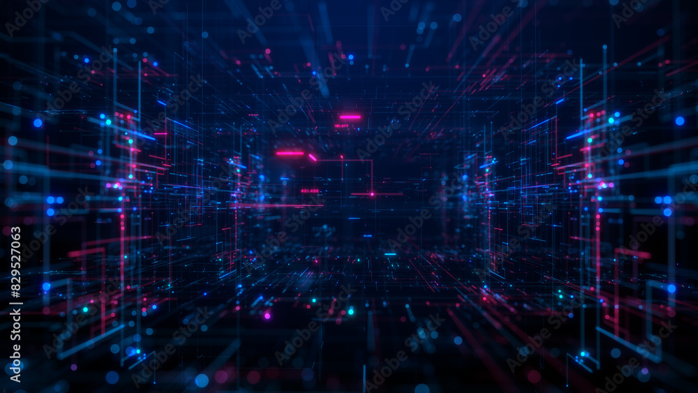 Poster futuristic digital data network visualization, abstract of a futuristic digital network with interco