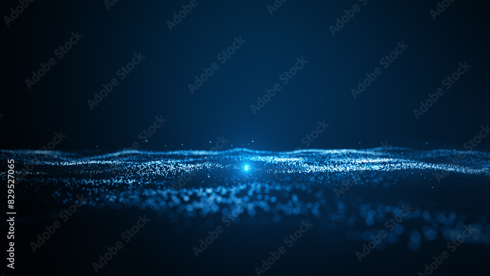 Poster blue sparkling particles wave flow and light abstract luxurious background, digital cyberspace, 3d r