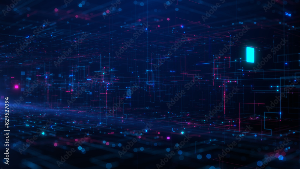 Poster abstract of a futuristic digital network with interconnected points in blue and pink, futuristic dig