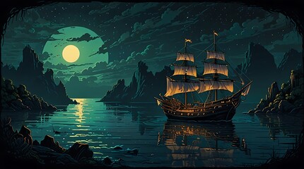  pirate ship is anchored in a moonlit bay.
