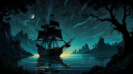 Keuken achterwand Piraten  pirate ship is anchored in a moonlit bay.  © Free