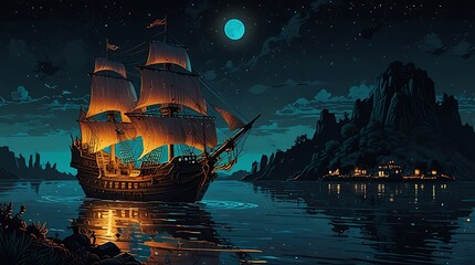  pirate ship is anchored in a moonlit bay.