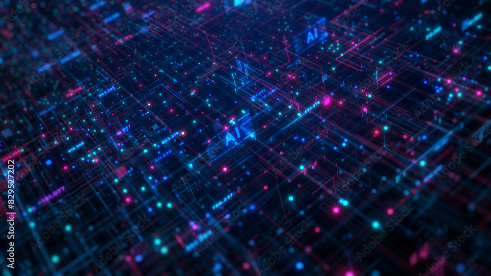 Poster abstract ai digital network visualization, abstract visualization of an ai driven digital network wi