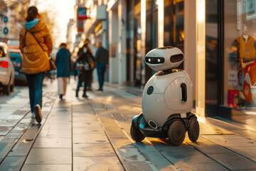 Delivery robot on the street of modern city, concept of futuristic and smart artificial intelligence technology