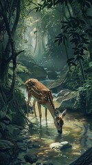 A graceful deer drinking from a crystal-clear stream framed by lush, verdant foliage.