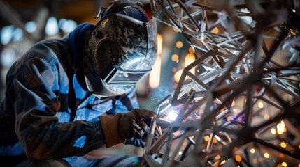 Focused on their task a worker carefully welds together the intricate framework of a metal sculpture.