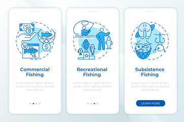 Fisheries types blue onboarding mobile app screen. Walkthrough 3 steps editable graphic instructions with linear concepts. UI, UX, GUI template. Montserrat SemiBold, Regular fonts used